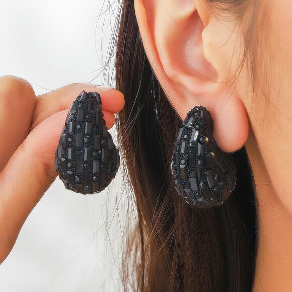 Black Water Drop Crystal Earrings - Picture 3 of 4